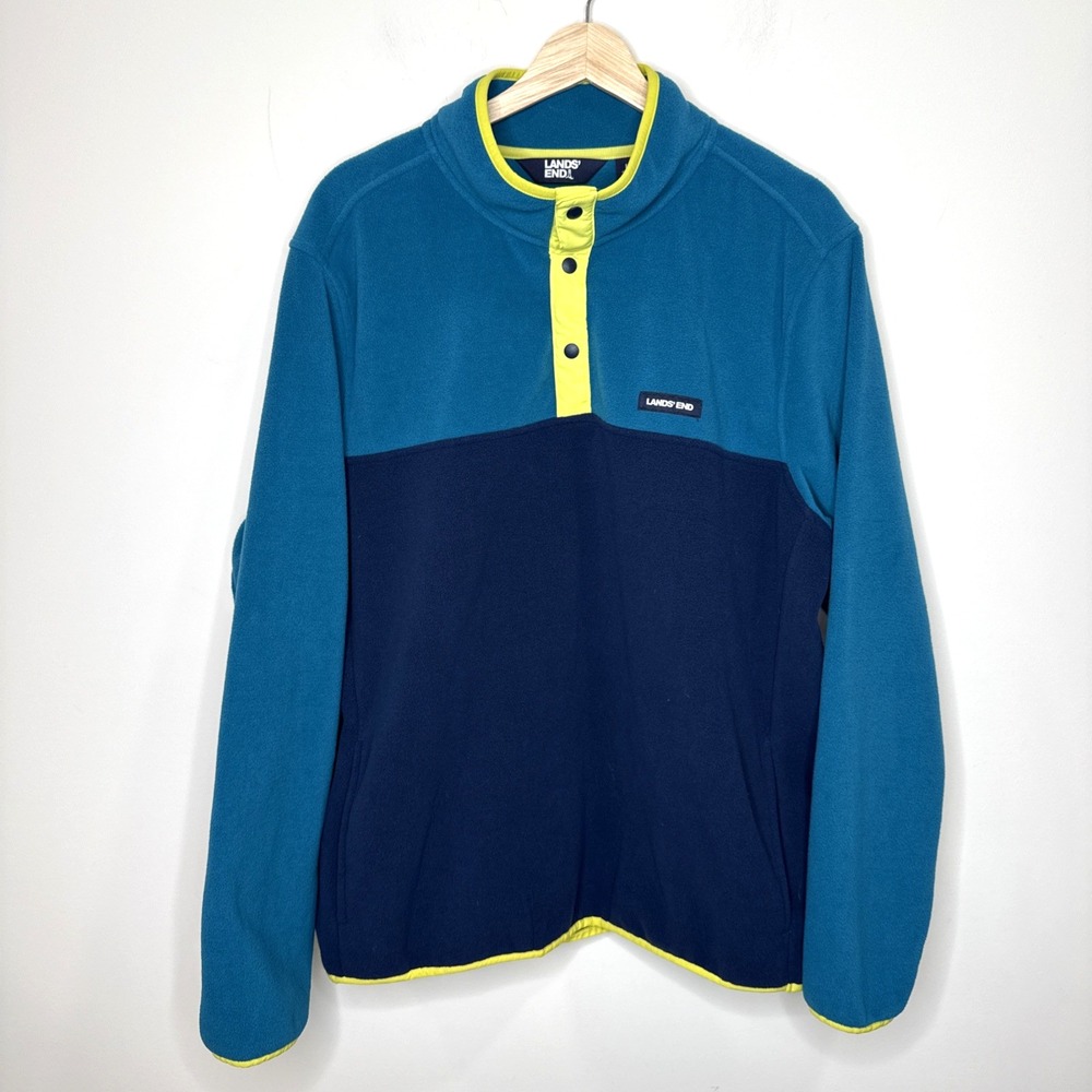 Lands' End Fleece T‎ 1/4 Snap Pullover Men's L Blue Yellow Color Block Popover